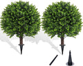 Artificial Boxwood Topiary Outdoor Plants with Spike, 2 Pack Faux Bushes UV Resistant Fake Shrubs for Front Porch Décor-Ruum Studio Home