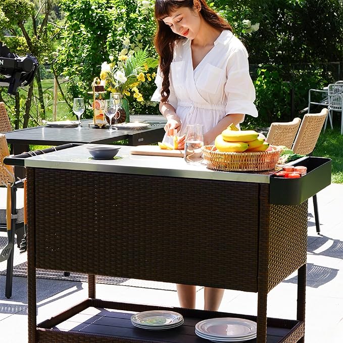 Grand patio Outdoor Wicker Bar Cart, Outdoor Bar Table with Stainless Steel Tabletop, Patio Kitchen Island Grill Cart with Storage Cabinet and 4 Hooks-Ruum Studio Home
