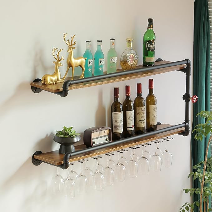 41 Inch Wine Rack Wall Mounted 2 Tier, Hanging Floating Bar Liquor Shelves with Glass Holder Storage Under, Industrial Rustic Pipe Farmhouse Kitchen Decor Black-Ruum Studio Home