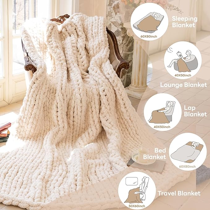 Chunky Knit Blanket - Luxury Soft Cozy 61 * 79 Bold Throw Blanket,100% Woven Blanket Rope Knot Throw Blanket for Couch, Sofa, Home Decor, Gift - Machine Washable（Cream）-Ruum Studio Home