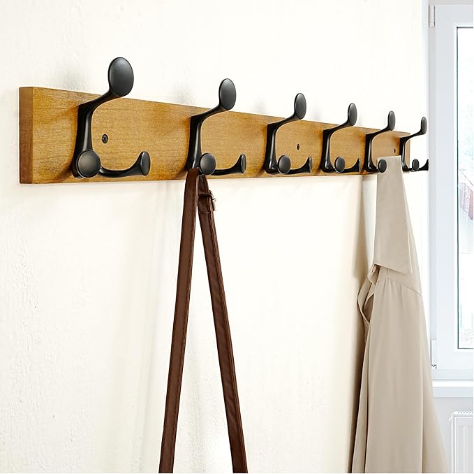 SKOLOO 39-Inch Light Brown Wood Coat Rack Wall Mount with 6 Triple Hooks - Ideal for Family Entrances, Classrooms, and Pet Supplies Storage - Perfect Coat Hooks for Wall-Ruum Studio Home