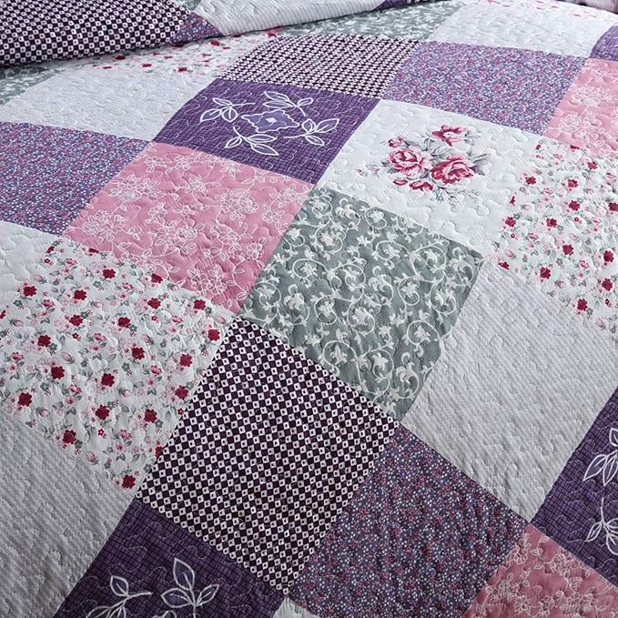 NEWLAKE Quilt Bedspread Sets-Floral Checkered Pattern Reversible Coverlet Set,King Size-Ruum Studio Home