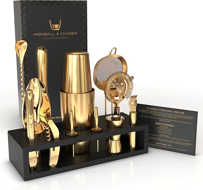 Highball & Chaser Bartender Kit with Black Bamboo Stand Beautiful Cocktail Shaker Set and Bar Tools Stainless Steel Boston Shaker Bartender Kit with Stand (Antique Gold)-Ruum Studio Home