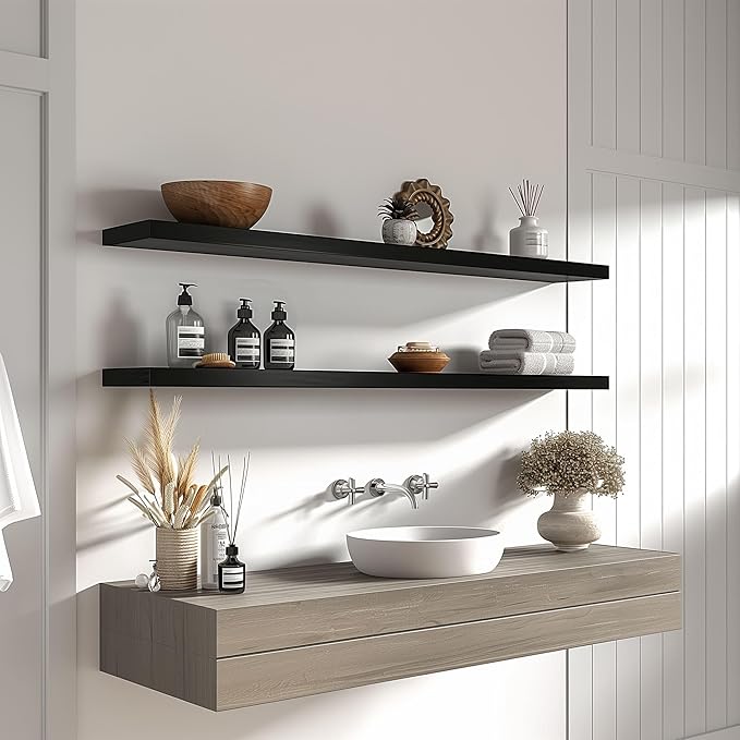 Wood Floating Shelves for Wall Decor, Rustic Wall Shelves for Bedroom Bathroom Kitchen Living Room, Set of 4 Black 48 Inch-Ruum Studio Home