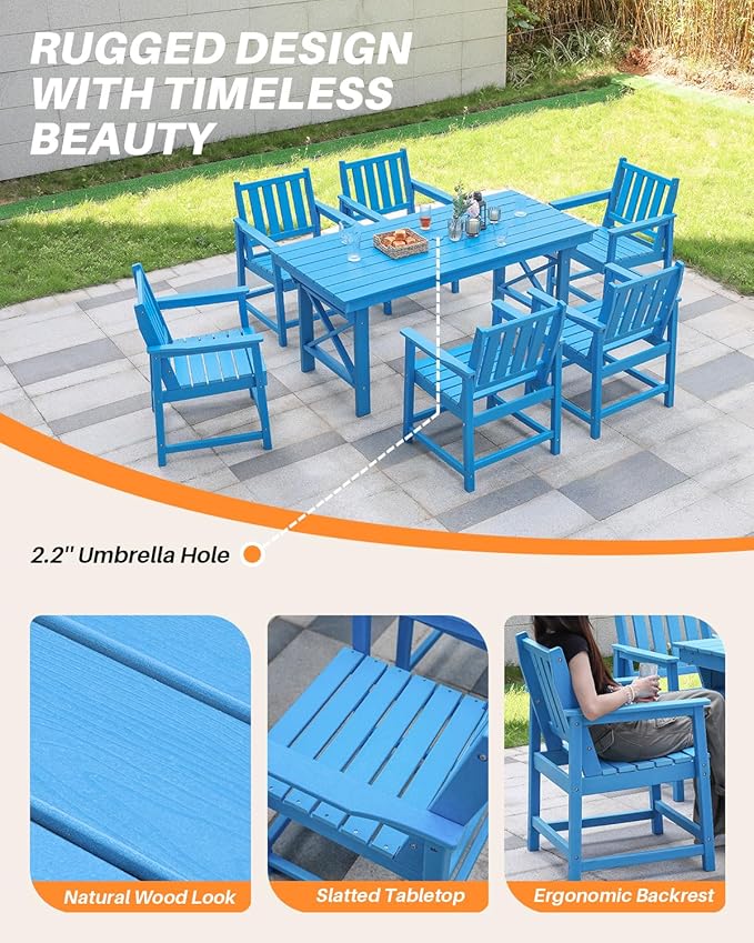 HDPE Patio Dining Set, 5-Piece Outdoor Table and Chairs with Umbrella Hole, Modern Outdoor Dining Set for 4, HDPE Outdoor Patio Furniture Dining Sets for Deck, Poolside, Porch, Sky Blue-Ruum Studio Home