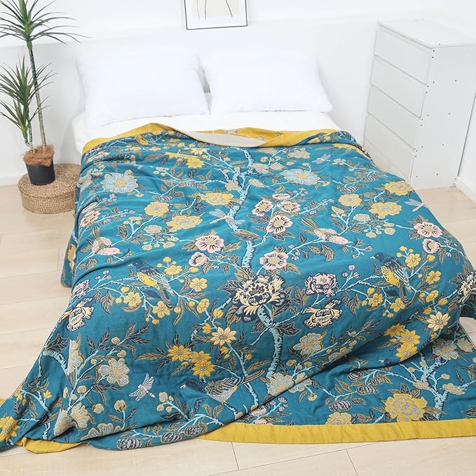 Snycler Boho Throw Blanket for Bed - 100% Cotton Ultra Soft Rustic Quilt Blanket Green Bird Floral Printed Farmhouse Decor Bed Blankets, 60"×80" All Season Rustic Throw for Sofa Couch Chair-Ruum Studio Home