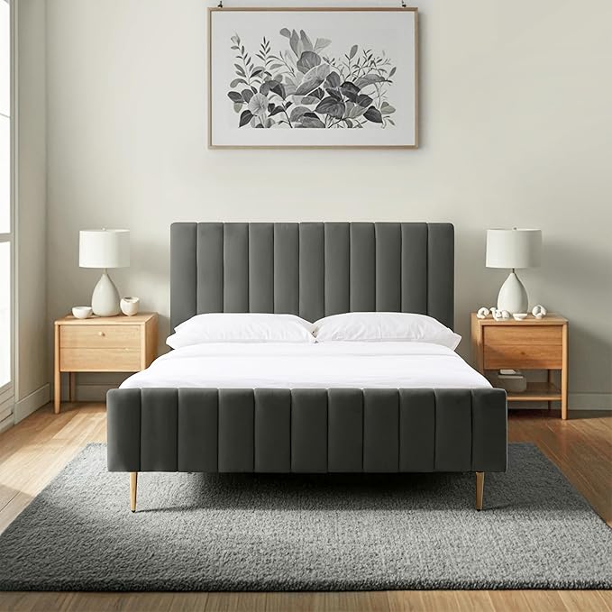 Livinia Full Size Elton Velvet Platform Bed, Upholstered Bed Frame with Vertical Channel Tufted Headboard Footboard, Strong Wood Slats, No Box Spring Needed, Gray (Full)-Ruum Studio Home