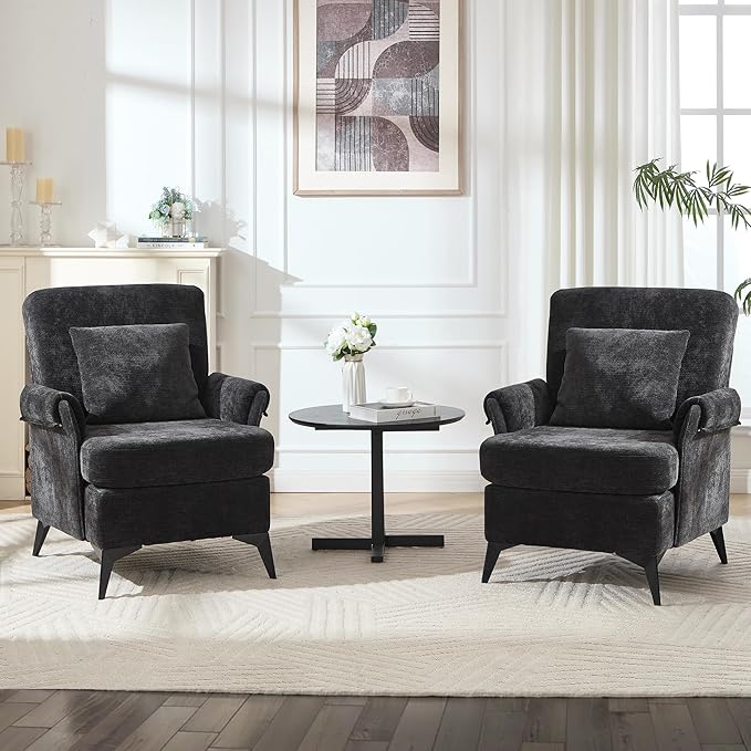 KCC Mid-Century Accent Chairs Set of 2,Chenille Modern Upholstered Single Sofa,Cozy Armchair with Back for Bedroom/Office/Cafe,Black-Ruum Studio Home