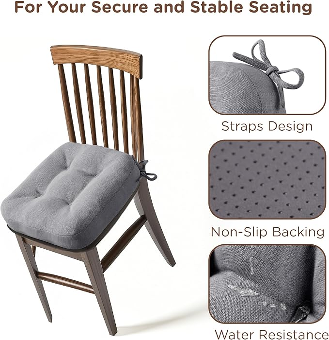 Codi Dining Chair Cushions 4 Pack, Thick Chairs Pads for Indoor Kitchen Room - Washable, Non-Slip Seat Cushion with Ties, 16.5"x16.5"x 3.5", Set of 4, Grey-Ruum Studio Home