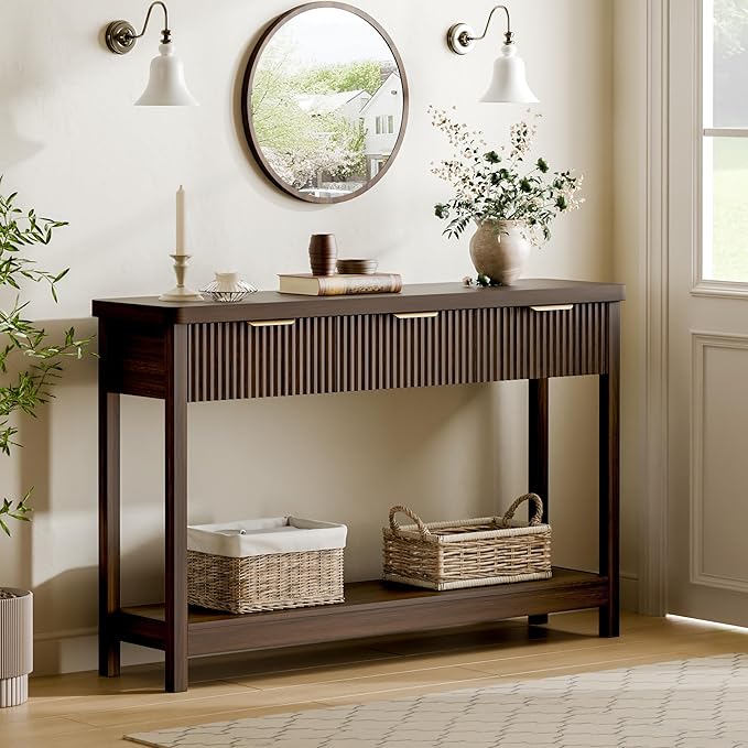 Lulive 51" Fluted Console Table for Entryway, Entryway Table with 3 Wooden Drawers, Farmhouse Behind Sofa Table for Living Room, Hallway, Couch, Foyer-Ruum Studio Home