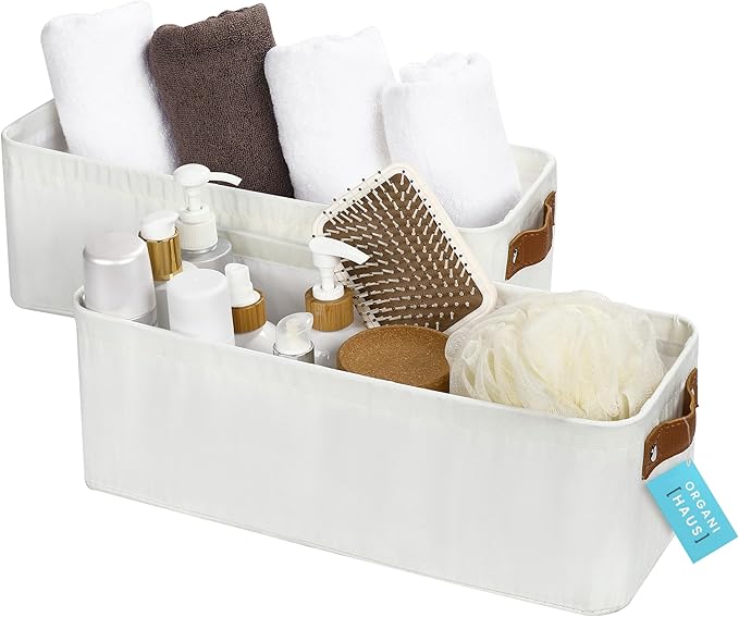 OrganiHaus Narrow Storage Bins 15x06in, Small Closet Bins for Shelves, Bathroom Storage Baskets for Shelves, Narrow Baskets, Fabric Organizer with Handles, Toilet Paper Organizer - 2 Pack, Off-White-Ruum Studio Home