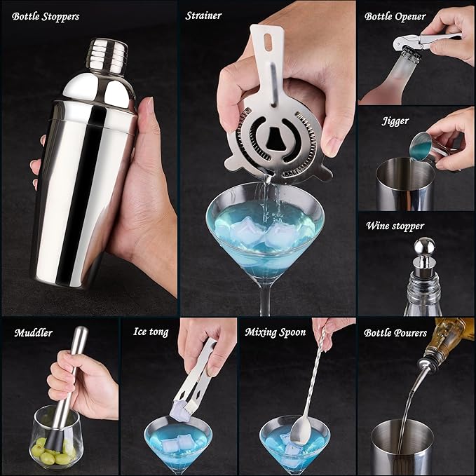 Cocktail Shaker Set Bartender Kit : 15-Piece Stainless Steel Bartender Kit with Acrylic Stand Bars Set with All Practical Bars Accessories, Bar Tools for Drink Mixing, Bar, Home, Lounge & Party-Ruum Studio Home