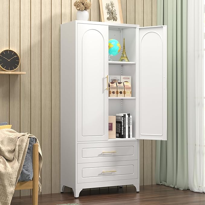 Kitchen Pantry Cabinet, 75" Tall Metal Pantry Cabinet with Two Drawers, Food Cupboards with Doors and Shelves, Freestanding Storage Cabinets for Dining, Living Room, White, Assemble Required-Ruum Studio Home