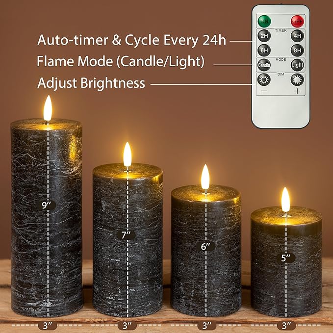 Halloween Flameless Candles, 4 Pack Battery Operated Halloween Candles with Remote, Wax LED Fake Pillar Candles Fireplace/Shelf Decor D3 H 5" 6" 7" 9" Black-Ruum Studio Home
