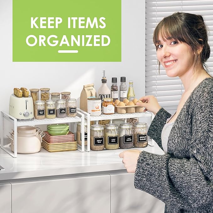 2 Pack Kitchen Countertop Organizer, Stackable Cabinet Shelf Organizer, 2 Tier Adjustable Kitchen Counter Shelves Riser For Pantry Cupboard Bathroom Organization And Storage, Desk Shelf,Spice Rack-Ruum Studio Home