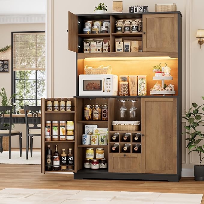 FINETONES 71" Pantry Cabinet with LED Light and Charging Station, Kitchen Pantry Cabinet with Microwave Stand, Kitchen Hutch Food Storage Cabinet with Outlet and Wine Racks, Black/Brown-Ruum Studio Home