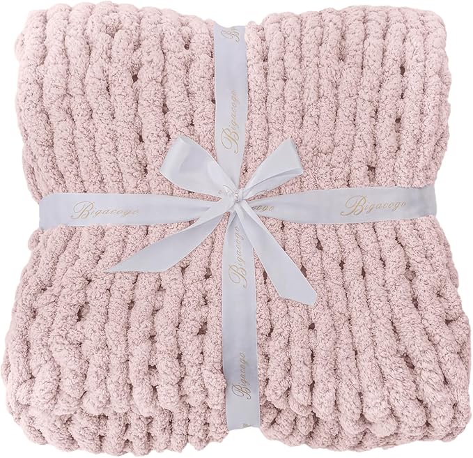 Bigacogo Chunky Knit Throw Blanket for Couch, 40x60 inches, 100% Hand Knitted with Thick Jumbo Chenille Yarn, Cozy Soft Large Rope Knot Cable Crochet Blankets for Sofa Bed Living Room, Rose Tan-Ruum Studio Home