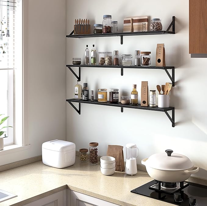 Heimlove Floating Shelves for Wall, 36 Inch Long Wood Floating Bookshelf Set of 3, Wall Mounted Hanging Shelf for Bathroom Bedroom Kitchen, Black-Ruum Studio Home
