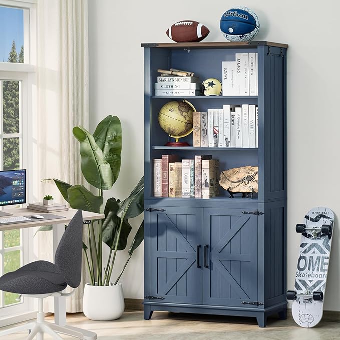 70in Tall Bookshelf 5 Tier Bookcase with Barn Doors and Adjustable Shelves, Blue Farmhouse Book Shelf with Storage Cabinet, Wood Freestanding Display Bookshelves for Bedroom, Living Room-Ruum Studio Home