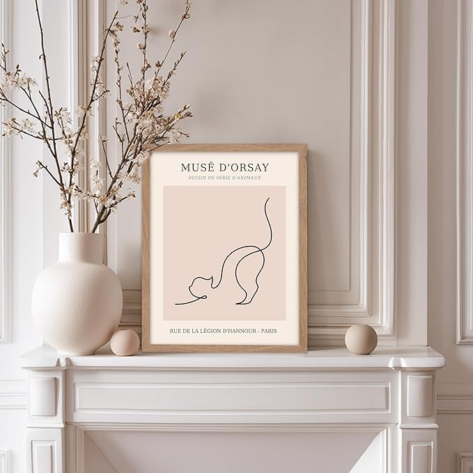 Poster Master Vintage Poster - Retro One Line Cat Drawing Print - Cat Art - Minimal Gift for Men, Women, Animal Lover - Abstract Wall Decor for Home, Office, Bedroom, 8x10 Beige Framed-Ruum Studio Home