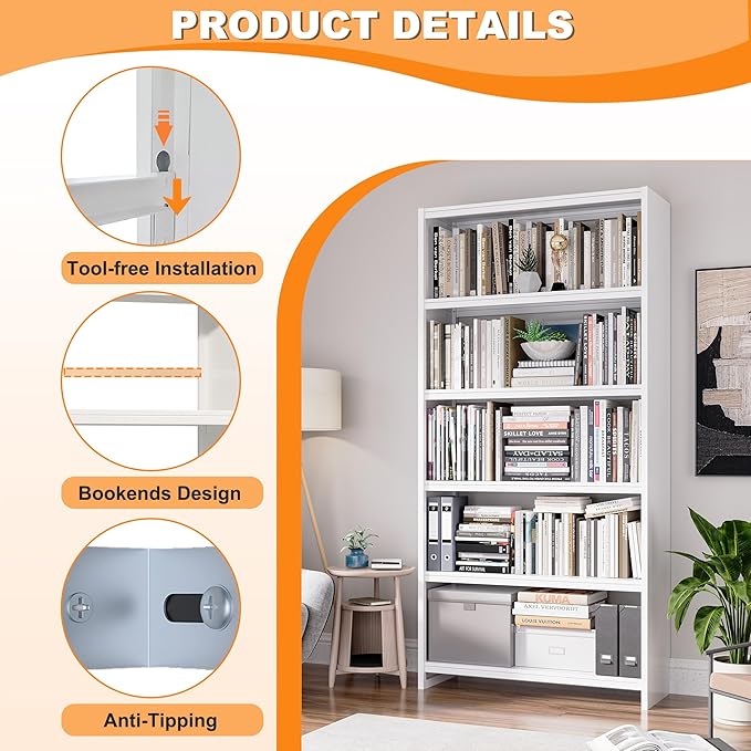 69.3" H Home Office Bookcase Shelf Storage,5 Tier Bookcase with Open Display Shelves,Industrial Wide Bookshelf with Metal Frame for Home Office, Living Room, Bed Room (34.1" W)-Ruum Studio Home