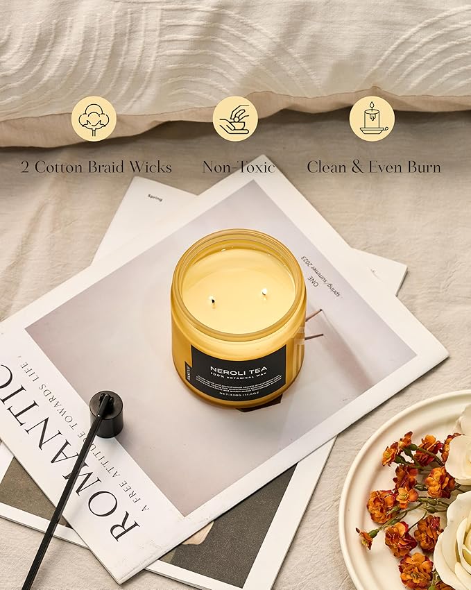 M&SENSE Neroli Tea Scented Candle - 11.6oz Natural Soy Wax Non Toxic 70-Hour Burn, 2-Wick Citrus Scent Candle for Stress Relief & Relaxation - Slow-Burning Home Fragrance Gift for Holiday-Ruum Studio Home