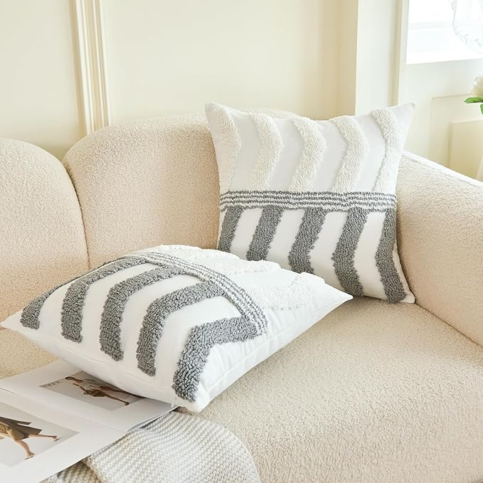 HOdo Home 18x18 Throw Pillow Covers, 2PCS Tufted Boho Jacquard Pillow Covers,Farmhouse Decorative Pillow Cover,Pillow Cases for Couch Sofa Bed Stylish Decor, Simple Textured Cushion Sham-Ruum Studio Home