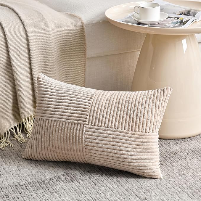 Fancy Homi 2 Packs Tan Lumbar Decorative Throw Pillow Covers 16x28 Inch for Living Room Couch Bed Sofa, Boho Home Decor, Soft Striped Corduroy Rectangle Accent Beige Cushion Case 40x70 cm-Ruum Studio Home