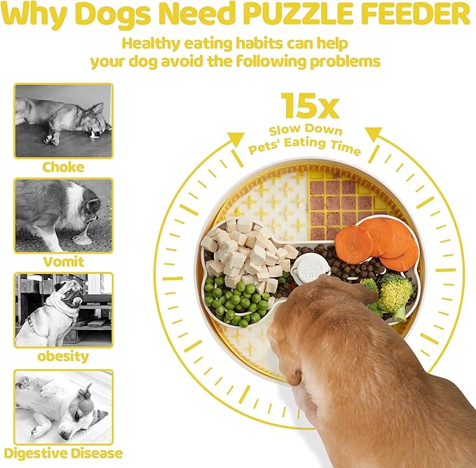 Slow Feeder Dog Bowl with Lick Mat and Puzzle Inserts - Non-Slip Base, Adjustable Speed Design, Dishwasher Safe for Large Dogs,Yellow-Ruum Studio Home
