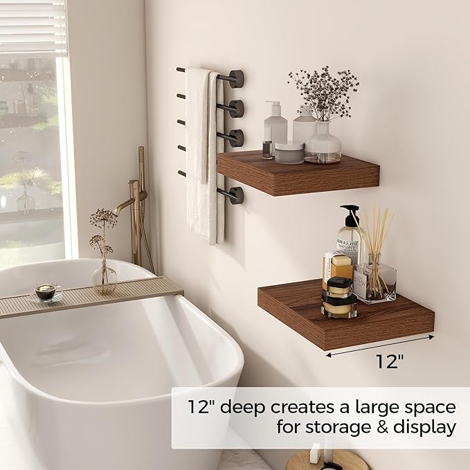 Fun Memories 12 Inch Floating Shelf, Rustic Wood Wall Shelves for Wall Decor & Storage, 12 x 12 Floating Shelf for Living Room, Bathroom, Bedroom, Walnut, Set of 2-Ruum Studio Home
