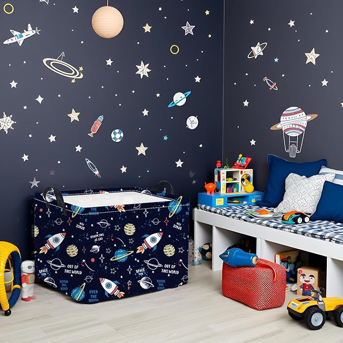 HIYAGON Rectangular Space Basket for Boys Baby Storage Basket Storage Bin Organizer Box Room Decor(Rocket Planet)-Ruum Studio Home