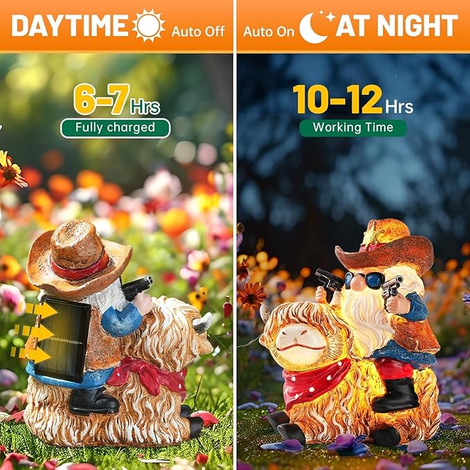 Solar Highland Cow Gnome Statue - Hand-Painted Resin Outdoor Decor for Garden & Yard, Unique Mothers Day Birthday Gifts for Grandma Women (Weatherproof)-Ruum Studio Home