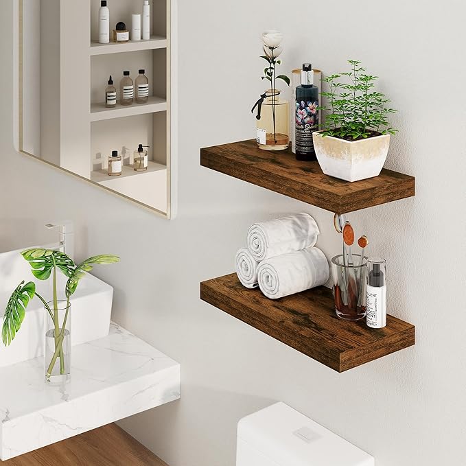 Floating Shelves, 8 Inch Deep Floating Shelves, 24"W x 8"D Wall Shelves Set of 2, Rustic Wood Floating Shelf for Home Decor, Deep Storage Shelves for Kitchen, Bedroom, Living Room, Rustic Brown-Ruum Studio Home
