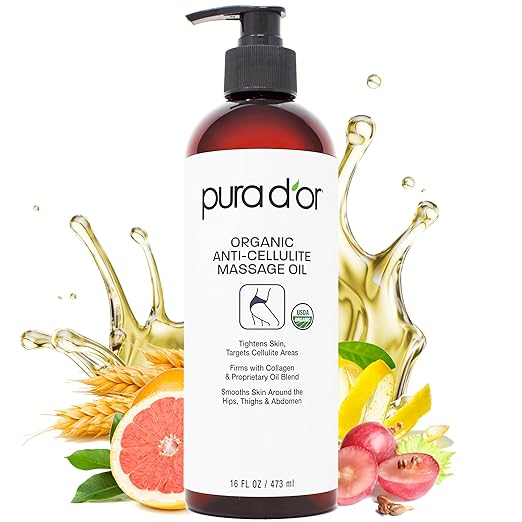 PURA D'OR 16 Oz Organic Anti-Cellulite Massage Oil - Lemon Peel, Moringa, Grape Seed, Grapefruit & Eucalyptus Oils - Skin Firming & Tightening for Active Individuals & Aging Adults-Ruum Studio Home