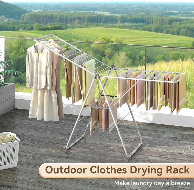 APEXCHASER Clothes Drying Rack, Foldable Drying Rack Clothing, Sturdy Metal Laundry Drying Rack, Height-Adjustable Gullwing, Easy to Fold, Space-Saving, for Indoor Outdoor, White-Ruum Studio Home