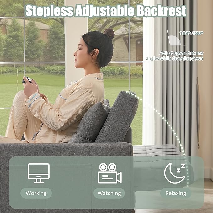 52" Sleeper Sofa with Pull-Out Bed, 3-in-1 Convertible Sofa Bed, Loveseat with Stepless Adjustable Backrest and Side Pocket, for Living Room Dorm Apartment, Linen, Light Gray-Ruum Studio Home