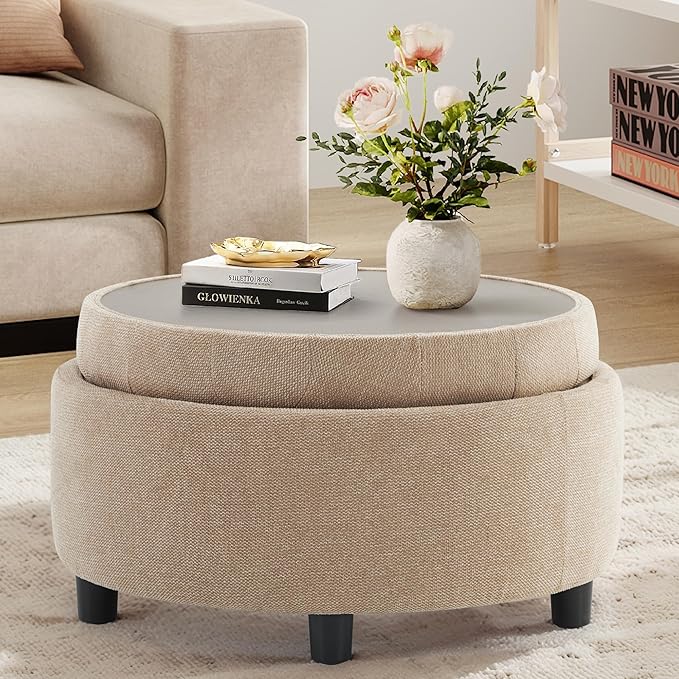 COLAMY Fabric Round Storage Ottoman with Reversible Tray Lid – Multi-Functional Footrest, Hidden Storage, Sturdy & Stylish Small Coffee Table for Living Room, Bedroom, or Entryway(Camel)-Ruum Studio Home