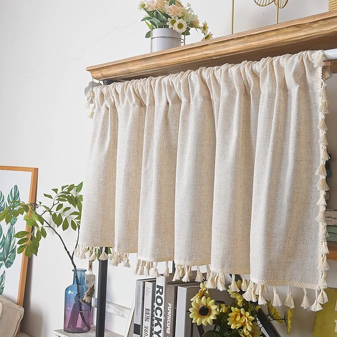 Sutuo Home Boho Sheer Curtain Valance Tier Cotton Linen with Bohemian Handmade Tassels, Short French Farmhouse Window Treatment for Kitchen Cafe, Rod Pocket, 1 Panel 59" W x 24" L, Natural Textured-Ruum Studio Home