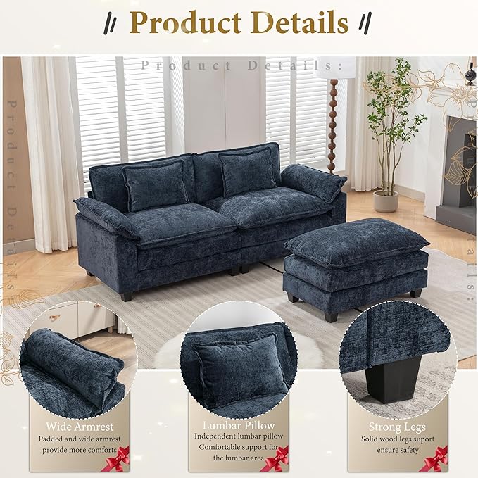 URRED Modular Sectional Sofa Comfy Cloud Couch, Modern Chenille Sofa Sleeper Deep Seat Couches with Ottoman/Pillows for Living Room (Blue, 82.6''- L Shape)-Ruum Studio Home