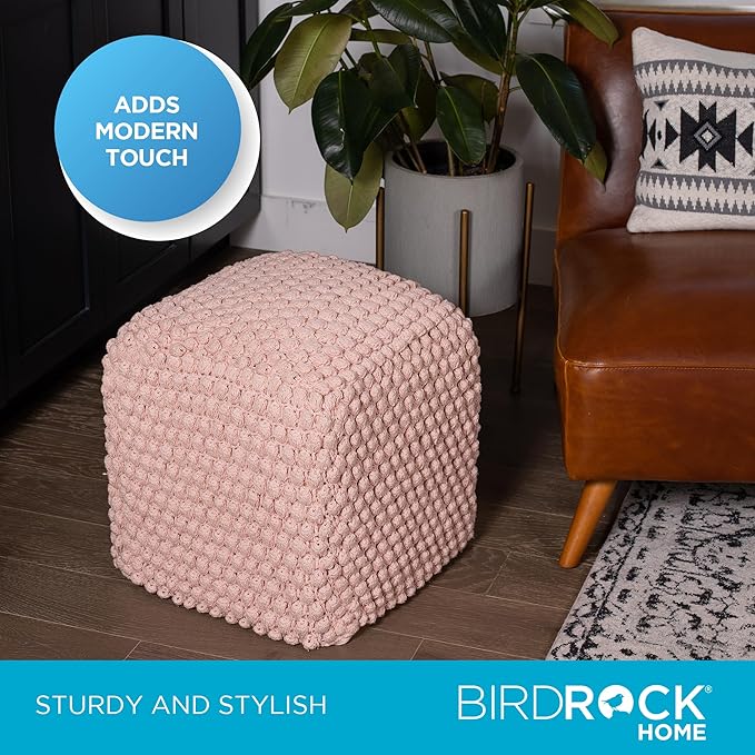 BIRDROCK HOME Buds Pouf Foot Stool Ottoman - Knit Bean Bag Floor Chair - Cotton Braided Cord - Great for The Living Room, Bedroom and Kids Room - Small Furniture (Dusty Rose - Buds)-Ruum Studio Home