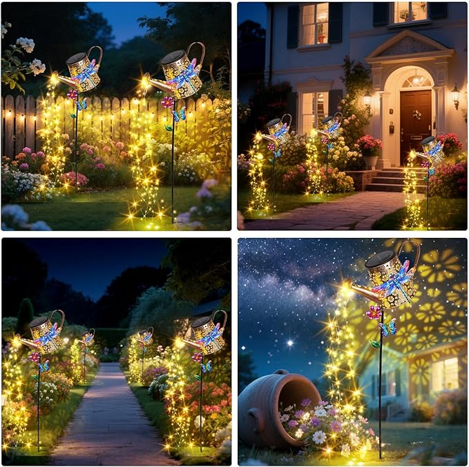 Solar Lights Outdoor Decorative, 39.4'' Metal Solar Watering Can Lights with Dragonfly, Waterproof Garden Stake Lights for Yard Lawn Patio Pathway Landscape, Gardening Gifts for Mom Grandma Women-Ruum Studio Home