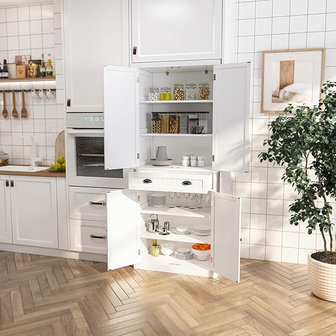 ARTPOWER 72" Tall Kitchen Pantry Storage Cabinet with Drawer and Adjustable Shelves, Pantry Cabinet for Kitchen, Bathroom or Hallway, White-Ruum Studio Home