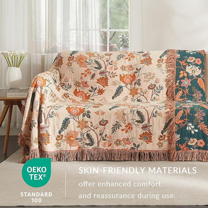 Boho Throw Blanket for Couch Sofa Bed, 100% Cotton Woven Quilt with Tassel 80”x90”, Super Soft Muslin Blanket with Floral Printed, Decorative Reversible Bed Blanket/Cover for All Seasons-Ruum Studio Home