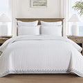 MarCielo 3-Piece 100% Cotton White Striped Quilt Set with Botanical Edge Embroidery TC(Sakura White,Queen (98" X 90"))-Ruum Studio Home