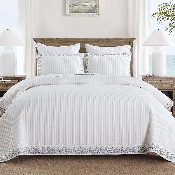 MarCielo 3-Piece 100% Cotton White Striped Quilt Set with Botanical Edge Embroidery TC(Sakura White,Queen (98" X 90"))-Ruum Studio Home