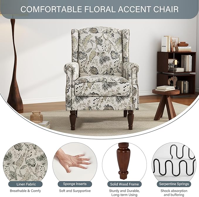 UIXE High Back Floral Accent Chairs Set of 2, Upholstered Armchair in Fabric, Retro Printed Wingback Arm Chair for Living Room, Nailhead Trim Single Sofa Bedroom Reading Seat - Plants Beige-Ruum Studio Home