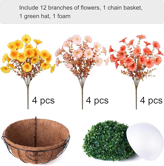 Artificial Fall Flowers Fake Hanging Plants Flowers Basket for Outdoors Autumn Decoration, Silk Morning Glory with Eucalyptus Look Real UV Resistant Faux Flowers for Outside Porch Patio Balcony, Mix-Ruum Studio Home