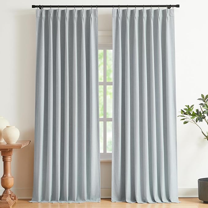 Vision Home Pinch Pleated Full Blackout Curtains Linen Blended Room Darkening Window Curtains 84 inch for Living Room Bedroom Thermal Insulated Pinch Pleat Drapes with Hooks 2 Panel 40"Wx84"L,Blue Fog-Ruum Studio Home