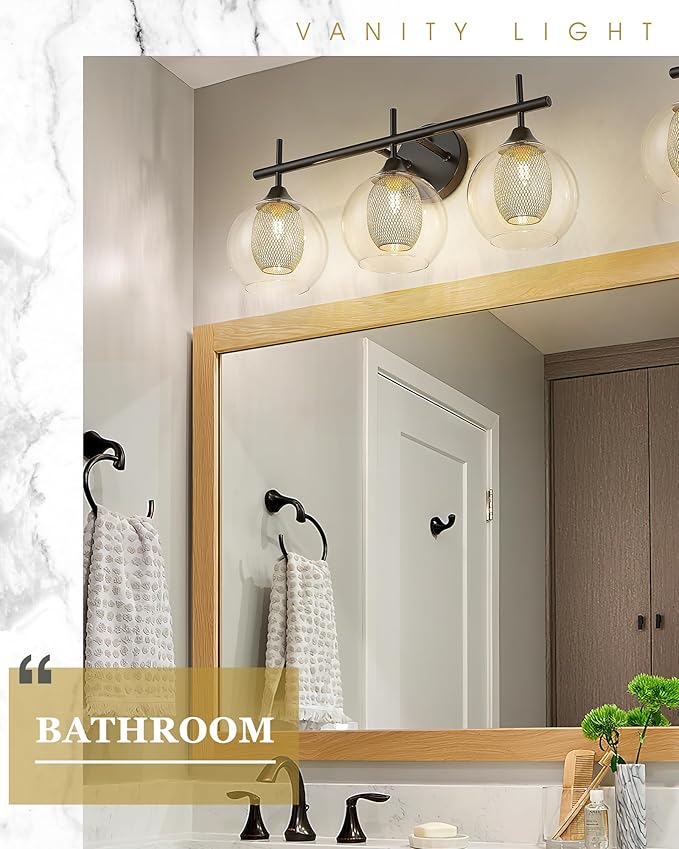 Bathroom Light Fixtures, 3-Light Black and Gold Vanity Lights Over Mirror, Farmhouse Wall Sconce Lighting with Clear Glass and Honeycomb Metal Shade, AD-22001-3W-BK-Ruum Studio Home