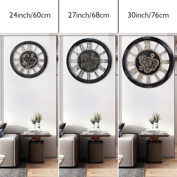 DORBOKER 24" Large Wall Clock with Moving Gears,Oversize Vintage Industrial Rustic Farmhouse Clocks for Living Room Decor Office Home,Solid Wood HD Tempered Glass Cover,Vintage Black-Ruum Studio Home